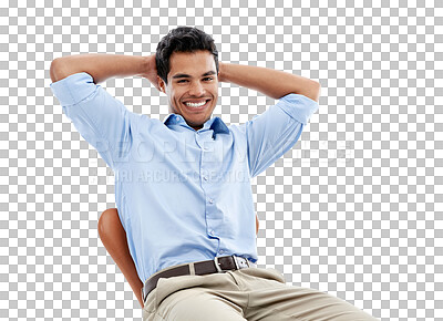 Buy stock photo Relax, business and portrait of businessman on chair for work, corporate success and break. Smile, professional and a young employee resting from job on a seat isolated on transparent png background