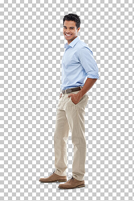 Buy stock photo Accountant, portrait and man with hands in pocket isolated on a transparent png background. Confidence, professional auditor or happy entrepreneur from Brazil with pride for corporate business career