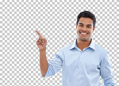 Buy stock photo Happy portrait, business man and pointing to presentation for news, information and worker announcement or advice. Offer, advertising and face of Mexican person isolated on transparent png background