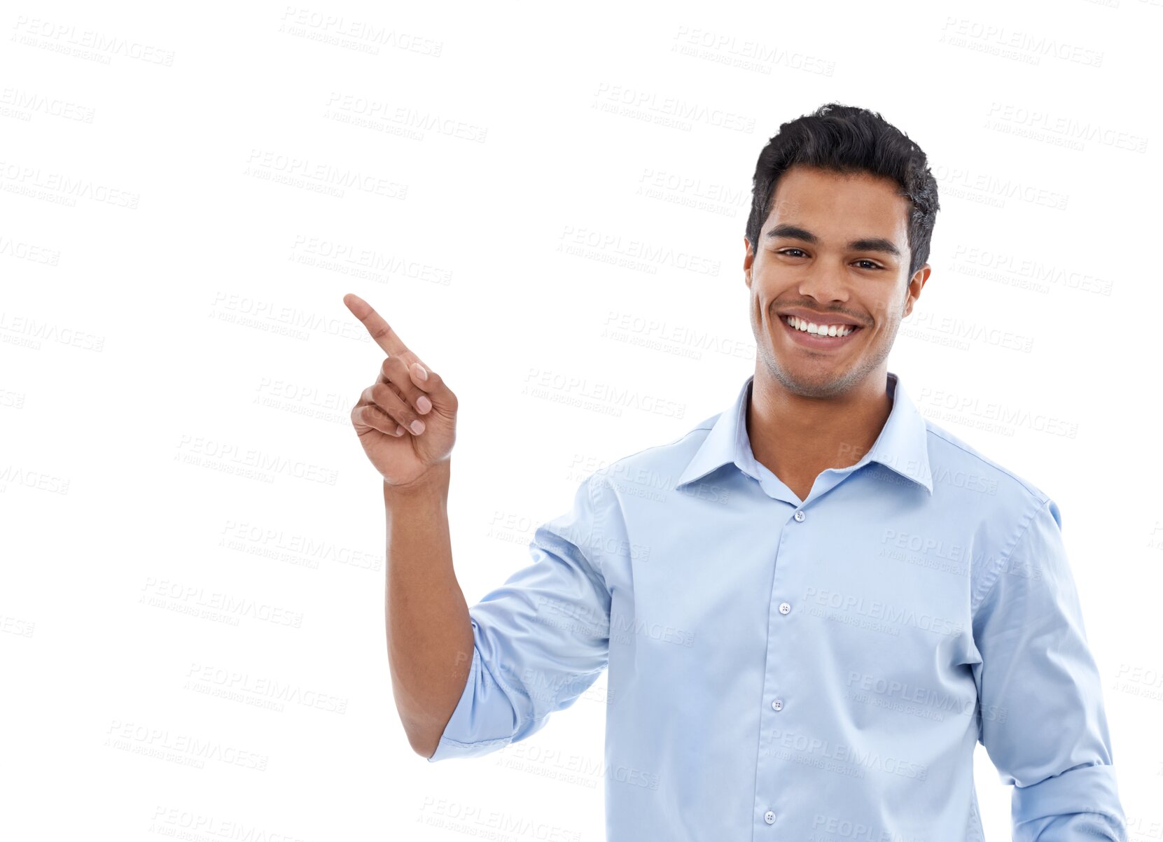 Buy stock photo Happy portrait, business man and pointing to presentation for news, information and worker announcement or advice. Offer, advertising and face of Mexican person isolated on transparent png background