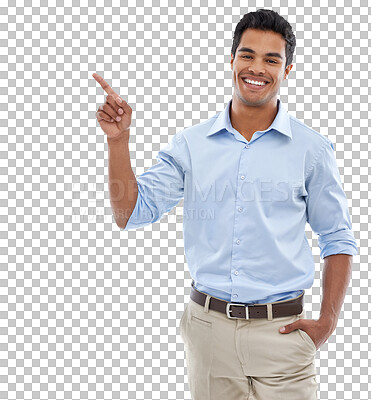 Buy stock photo business man, portrait and pointing to presentation of career news, information and worker choice or advice. Offer, show or happy presenter or person in Mexico isolated on transparent png background