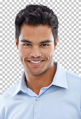 Buy stock photo Business man, smile in portrait and face, success with job satisfaction isolated on transparent png background. Positivity, career goals and professional male person in headshot with happiness