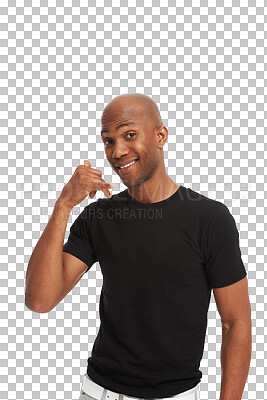 Buy stock photo Portrait, call me and communication with a black man isolated on a transparent background for networking. Smile, phone and hand gesture with a happy young male on PNG for wireless mobile contact