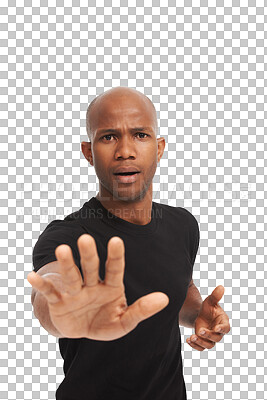 Buy stock photo Portrait, hand and black man with stop, no and model isolated against a transparent background. Serious face, male person and guy with gesture, symbol for warning and decline with rejection and png