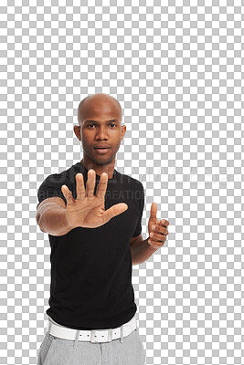 Buy stock photo Black man, portrait and stop with hand gesture, warning and censorship isolated on png transparent background. Palm, wait signal with emoji and block, serious male person with danger sign and caution