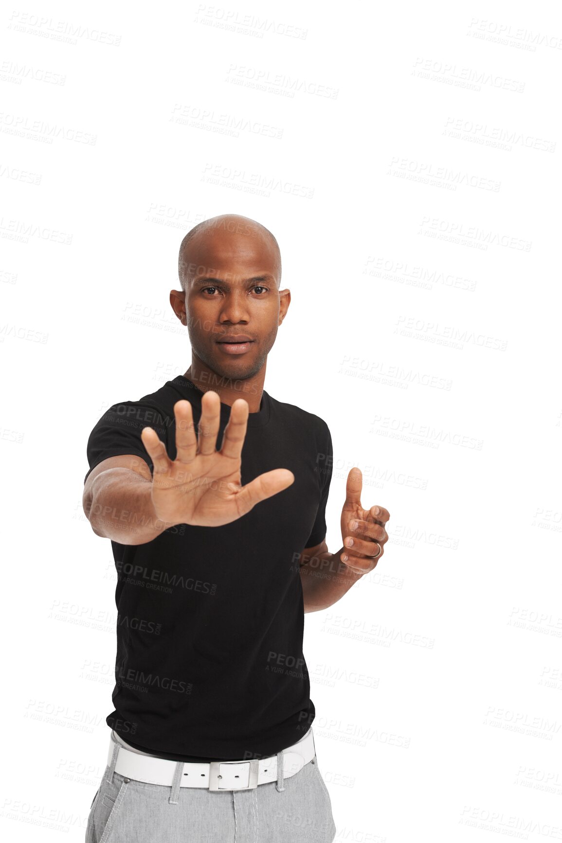 Buy stock photo Black man, portrait and stop with hand gesture, warning and censorship isolated on png transparent background. Palm, wait signal with emoji and block, serious male person with danger sign and caution