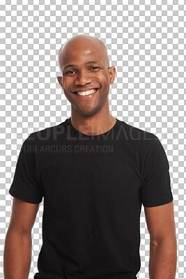 Buy stock photo Confidence, happy and portrait of black man with smile on isolated, PNG and transparent background. Fashion, happiness and confident male person standing in casual t-shirt, trendy clothes and style