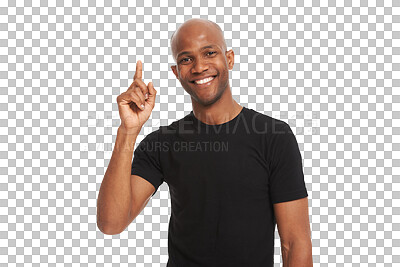 Buy stock photo Black man with smile is pointing up, advertising announcement and info isolated on transparent png background. African male ambassador, marketing and show sign, direction and news with branding