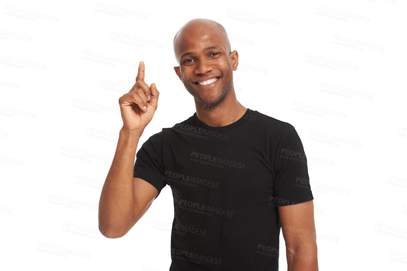 Buy stock photo Black man with smile is pointing up, advertising announcement and info isolated on transparent png background. African male ambassador, marketing and show sign, direction and news with branding