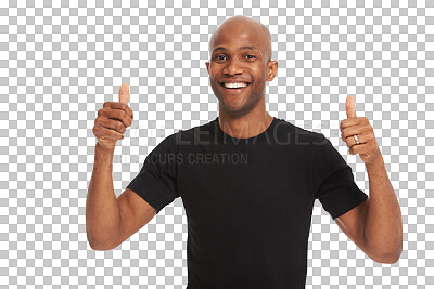 Buy stock photo Black man, portrait and thumbs up with support and hand gesture emoji isolated on transparent png background. Hands, sign and male model with smile, feedback or review with agreement and thank you