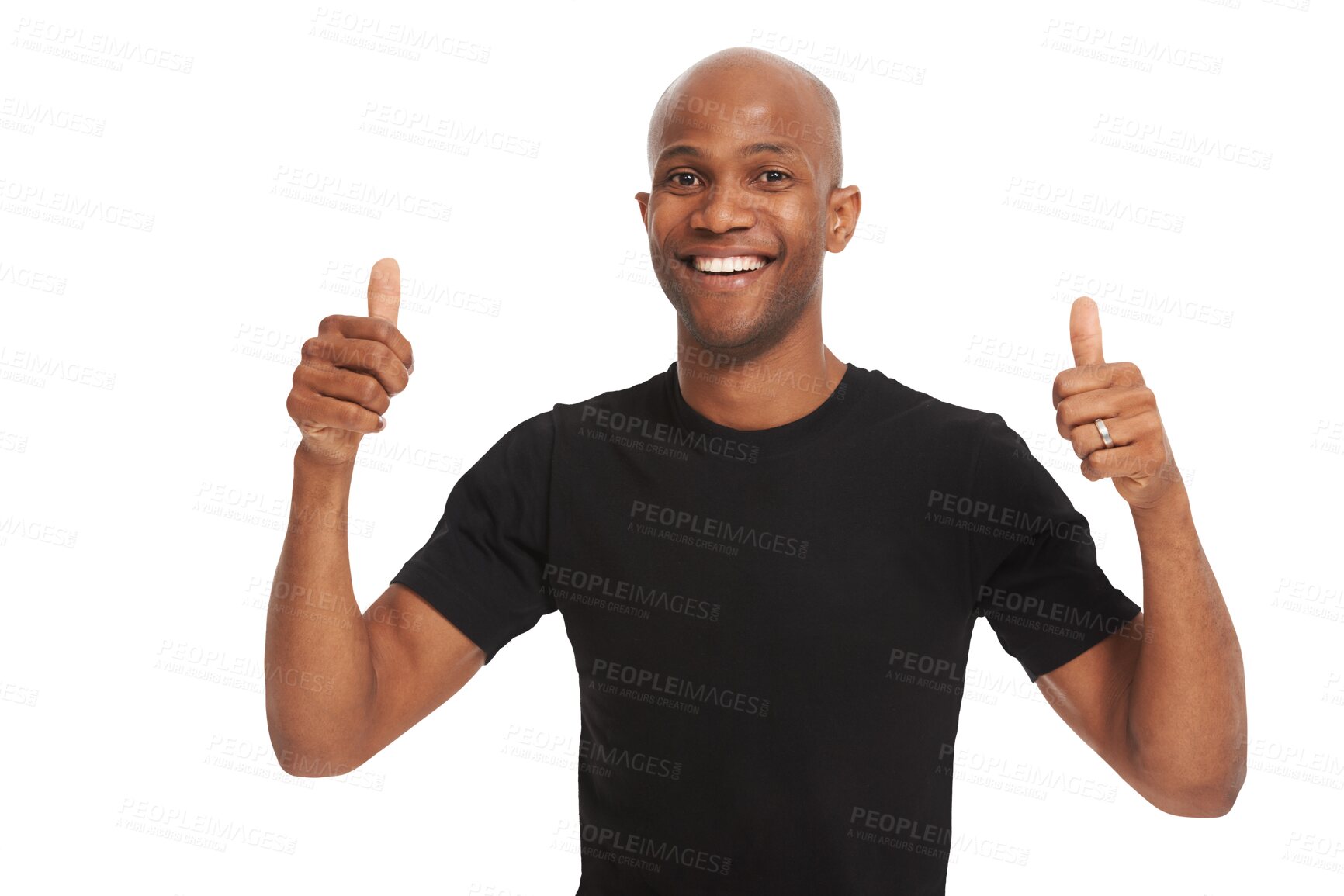 Buy stock photo Black man, portrait and thumbs up with support and hand gesture emoji isolated on transparent png background. Hands, sign and male model with smile, feedback or review with agreement and thank you