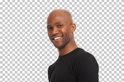 Buy stock photo Smile, confident and portrait of happy black man on isolated, PNG and transparent background. Fashion, confidence and face of male person standing in casual t-shirt, trendy clothes and modern style