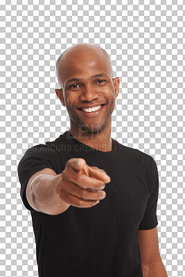 Buy stock photo Black man is pointing at you, portrait and choice with decision, direction and hand gesture with emoji. African male model smile, selection and accountability isolated on transparent png background