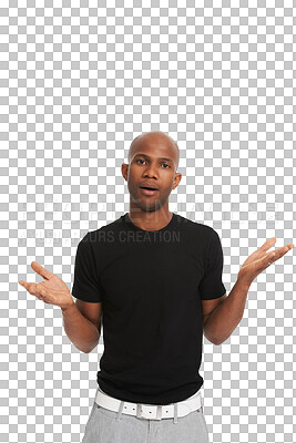 Buy stock photo Shrugging, confused and portrait of a black man with doubt, question and why reaction. Young, African person and a confusion shrug or expression of amazement isolated on a transparent png background