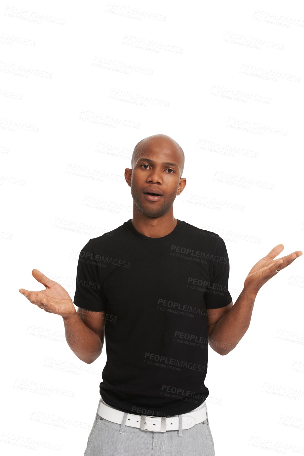 Buy stock photo Shrugging, confused and portrait of a black man with doubt, question and why reaction. Young, African person and a confusion shrug or expression of amazement isolated on a transparent png background