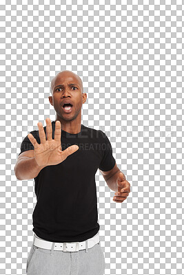 Buy stock photo Portrait, hand and black man with stop, surprise and model isolated against a transparent background. Shocked face, male person and guy with symbol for warning, omg and decline with rejection and png