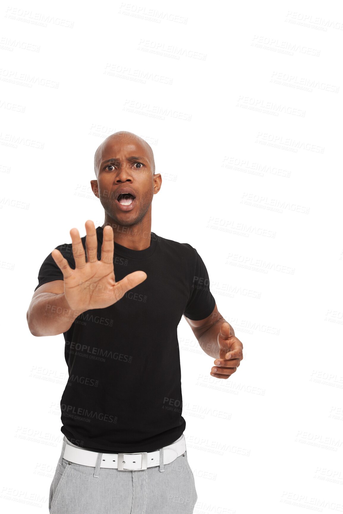 Buy stock photo Portrait, hand and black man with stop, surprise and model isolated against a transparent background. Shocked face, male person and guy with symbol for warning, omg and decline with rejection and png