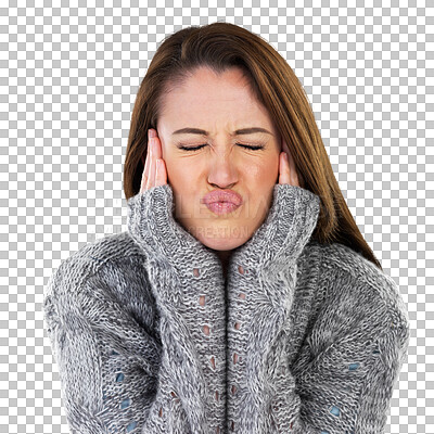 Buy stock photo Isolated woman, eyes closed and cover ears with pout, funny face and noise by transparent png background. Girl, model or student comic lips for kiss, stop listening an sound with winter fashion