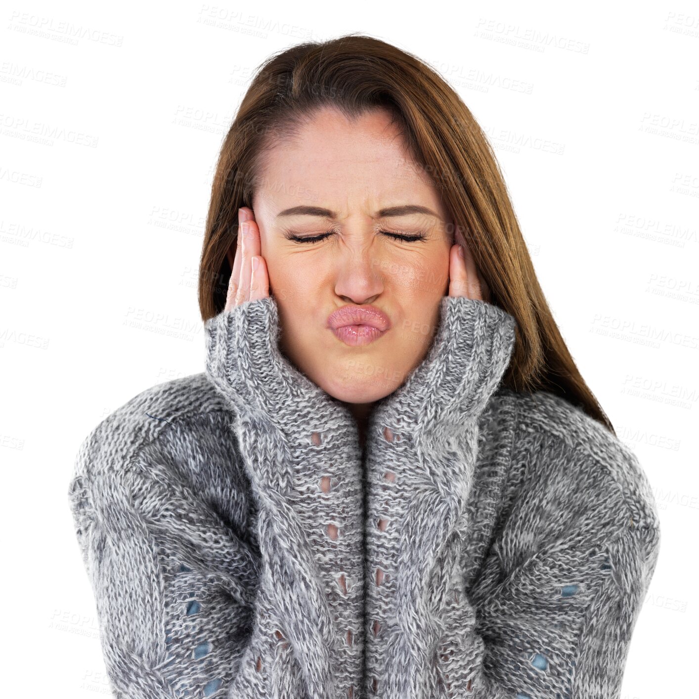 Buy stock photo Isolated woman, eyes closed and cover ears with pout, funny face and noise by transparent png background. Girl, model or student comic lips for kiss, stop listening an sound with winter fashion