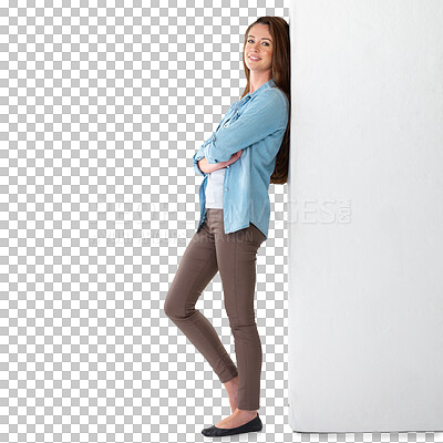 Buy stock photo Portrait, wall and woman standing with fashion or casual style isolated in a transparent or png background with a smile. Happy, relax and young female person leaning arms crossed and with happiness