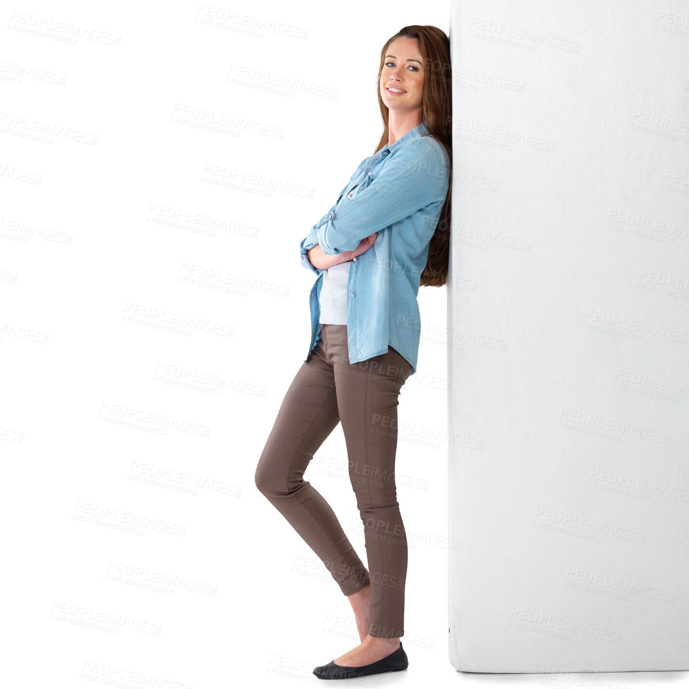 Buy stock photo Portrait, wall and woman standing with fashion or casual style isolated in a transparent or png background with a smile. Happy, relax and young female person leaning arms crossed and with happiness