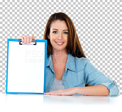 Buy stock photo Isolated woman, blank checklist and portrait with sign, smile or mockup space by transparent png background. Girl, clipboard and happy for recruitment job, volunteer sign up or signature for petition