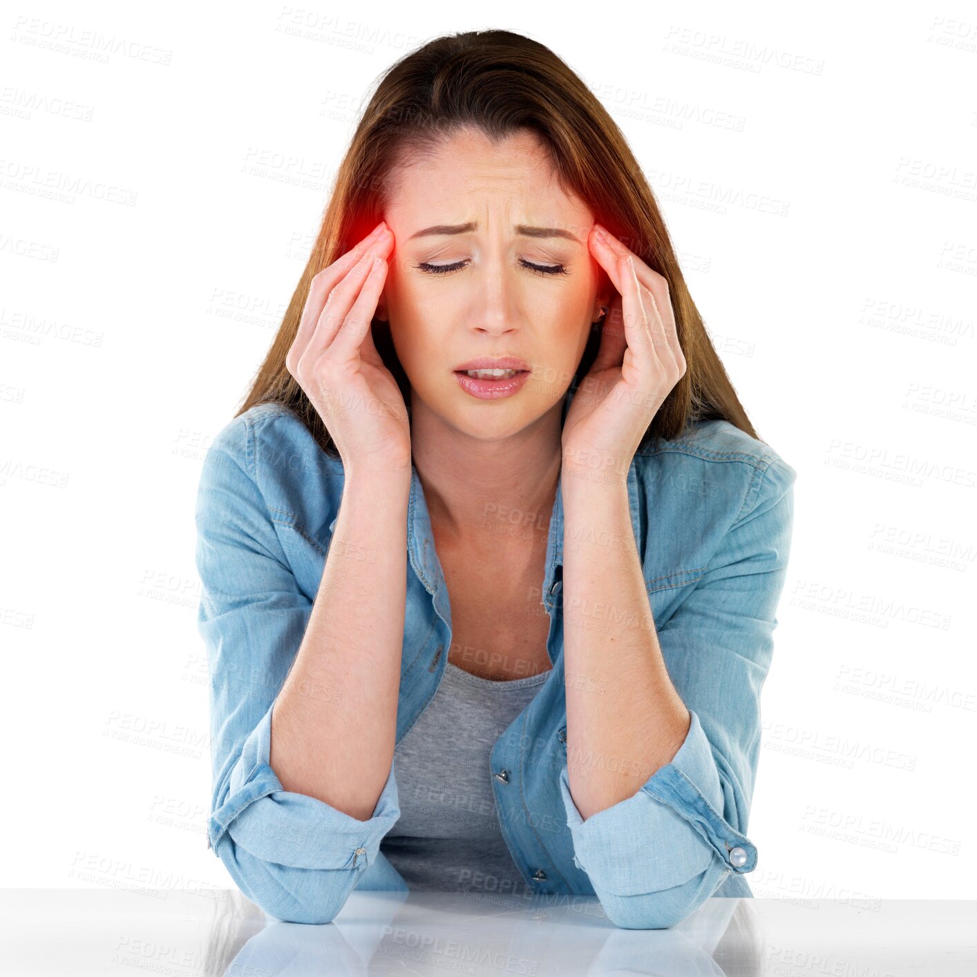 Buy stock photo Isolated woman, eyes closed or headache with pain, hands or massage by transparent png background. Girl, model or student with stress, fatigue or worry for exam, tired or red glow for medical problem