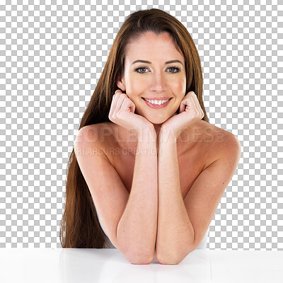 Buy stock photo Happy woman, portrait smile and beauty skincare with makeup isolated on a transparent PNG background. Female person, lady or young model smiling in happiness for perfect skin, spa or facial treatment