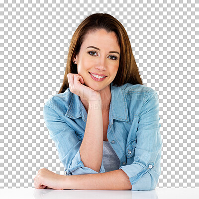 Buy stock photo Beauty, happy and portrait of woman sitting on isolated, PNG and transparent background. Smile, confidence and face of female person in trendy clothes with for natural cosmetics, makeup and style