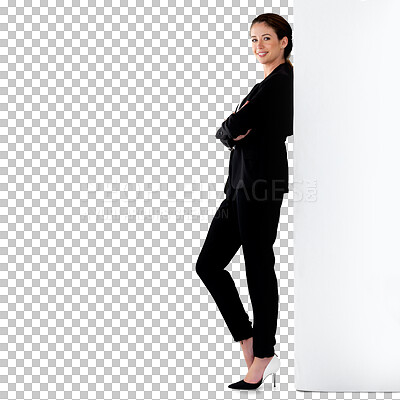 Buy stock photo Leaning, business and woman with arms crossed, wall and ceo isolated against a transparent background. Portrait, female person and employee in a suit, confident and happiness with png or professional