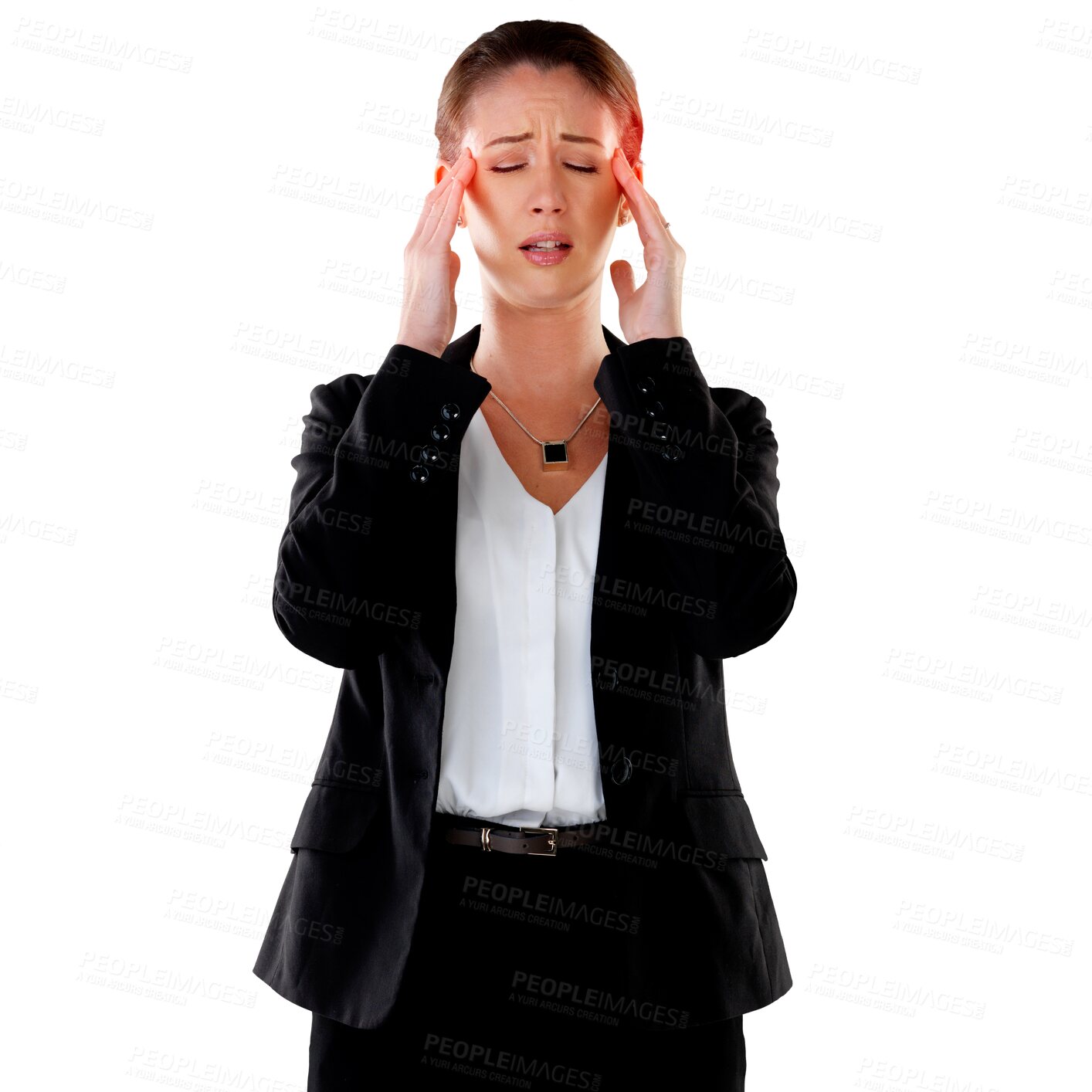 Buy stock photo Business woman, headache and pain in stress, anxiety or depression isolated on a transparent PNG background. Frustrated female person with sore head from debt, mental health or financial bankruptcy