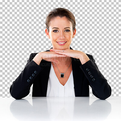 Buy stock photo Portrait, human resources and interview with a business woman isolated on a transparent background. Management, hiring and recruitment with a young female hr employee sitting at her desk on PNG