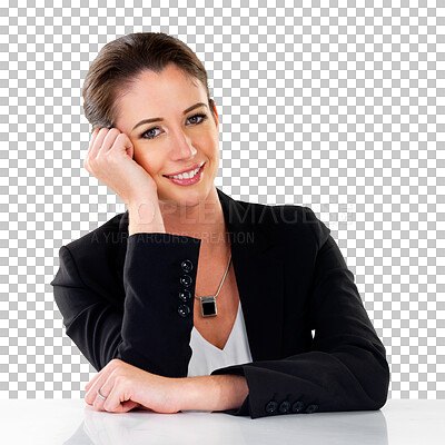 Buy stock photo Happy, portrait of a businesswoman smile and isolated against a transparent png background for wellness. Elegance or confident, positive or cheerful and female person at a desk happy smiling