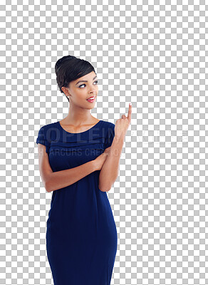 Buy stock photo Thinking, teaching and a pointing woman with a presentation, promotion or mentoring. Smile, ideas and a young teacher or girl with a gesture for showing isolated on a transparent png background