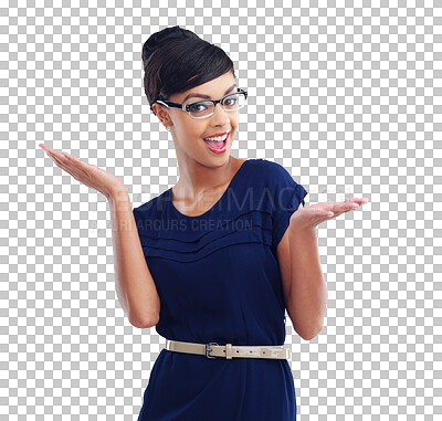 Buy stock photo Portrait, glasses and surprise with a business woman isolated on a transparent background to say wow. Winner, smile and gesture with a happy female employee on PNG for professional or corporate work