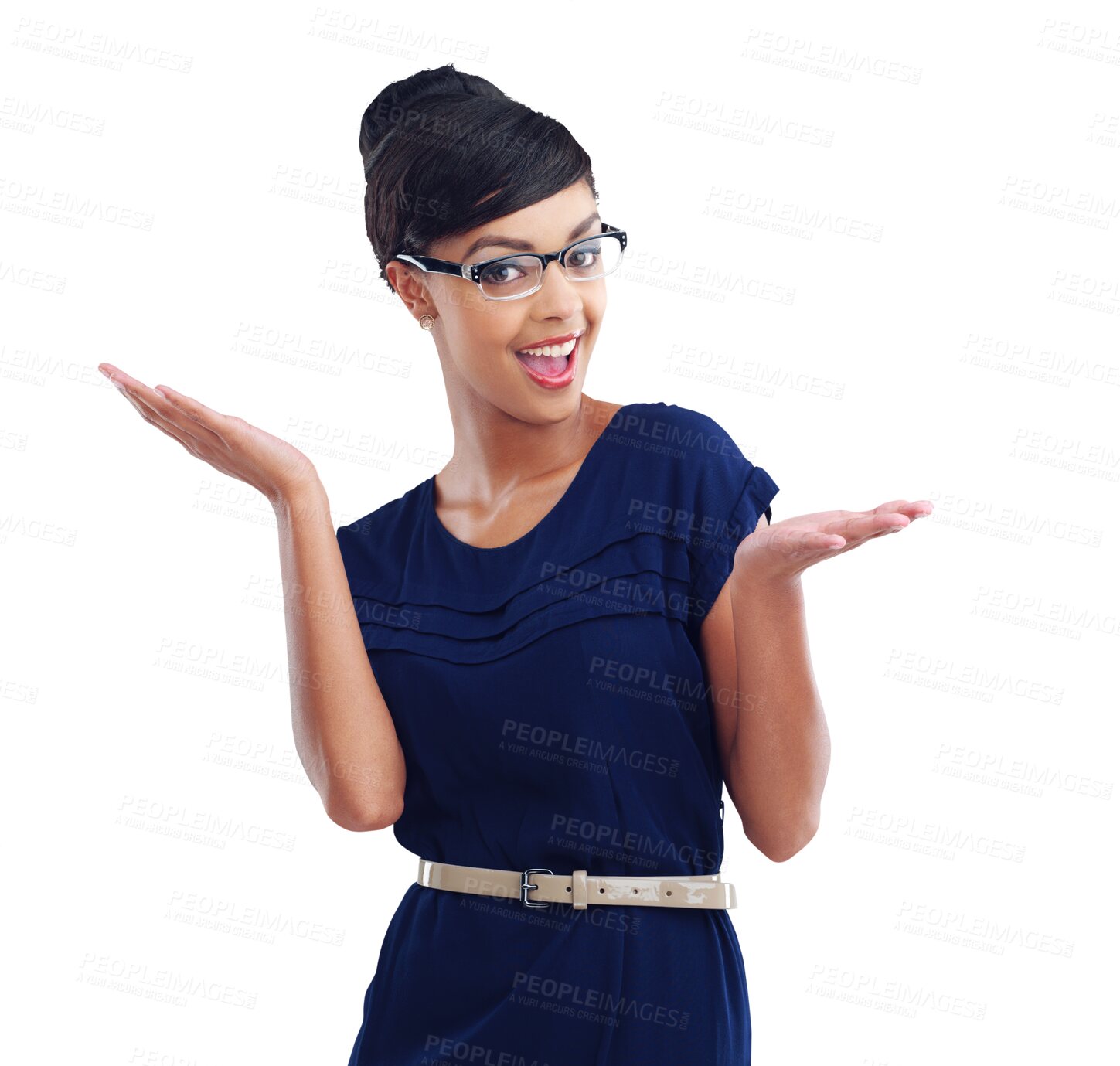 Buy stock photo Portrait, glasses and surprise with a business woman isolated on a transparent background to say wow. Winner, smile and gesture with a happy female employee on PNG for professional or corporate work