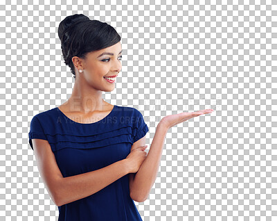 Buy stock photo Marketing, woman with hand gesture and smile isolated against a transparent png background to promote product. Advertising or promotion, happy and African female person pose for advertisement 