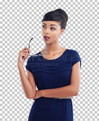 Buy stock photo Business, thinking and woman with ideas, opportunity and consultant isolated against a transparent background. Female person, entrepreneur or problem solving with glasses, decision or choice with png