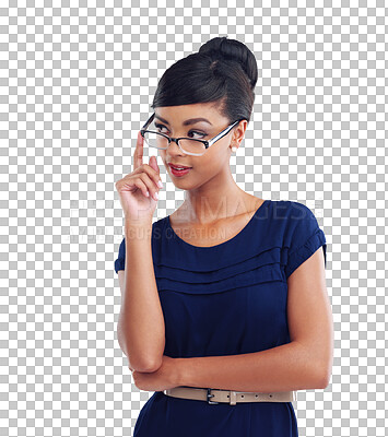 Buy stock photo Flirt, glasses and business woman with fashion or formal style isolated in a transparent or png background. Professional, corporate and young female person or entrepreneur peeping in eyewear or specs