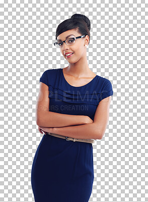 Buy stock photo Confident, expert and portrait of woman with arms crossed with glasses for secretary career. Happy, receptionist and an elegant corporate employee for business isolated on transparent png background