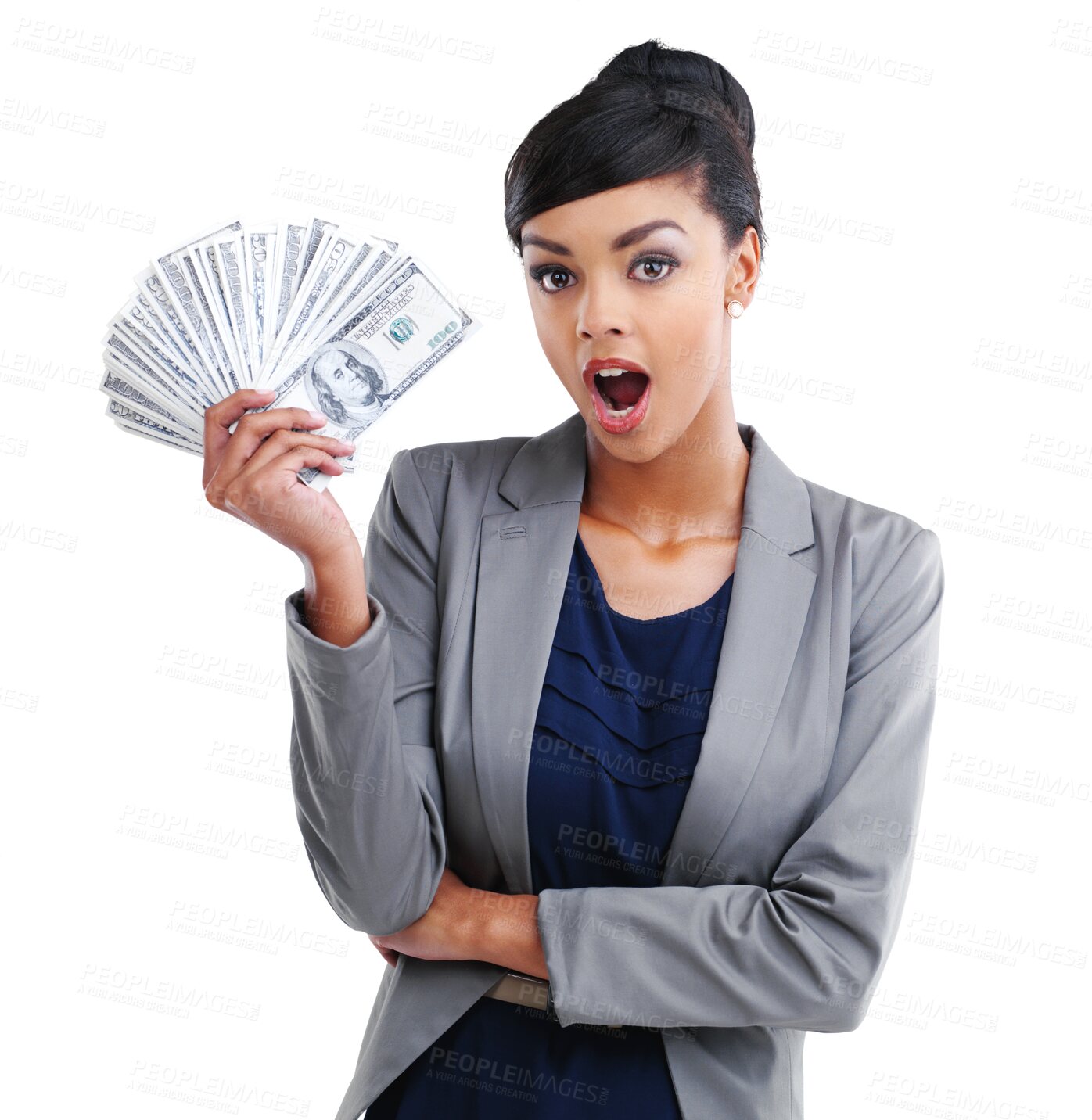 Buy stock photo Portrait, wow and money with a business woman isolated on a transparent background as a winner of the lottery. Finance, accounting and savings with a surprised female employee holding cash on PNG