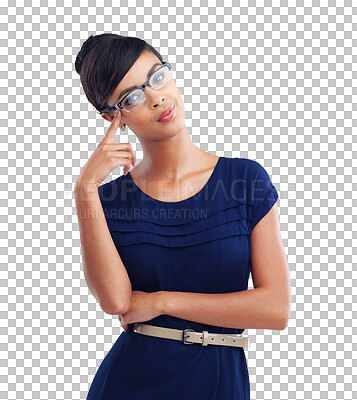 Buy stock photo Smile, beautiful and portrait of woman with glasses for corporate job and receptionist work. Professional, young secretary or female employee with eyewear isolated on transparent png background