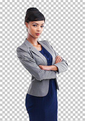 Buy stock photo Serious, arms crossed and portrait of business woman isolated on a transparent, png background. Professional african person with strong pose, formal fashion and career pride as corporate lawyer