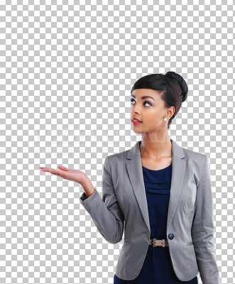 Buy stock photo Hand, palm and business woman advertising space isolated on a transparent, png background. Professional african person show corporate announcement, presentation or product information for promotion