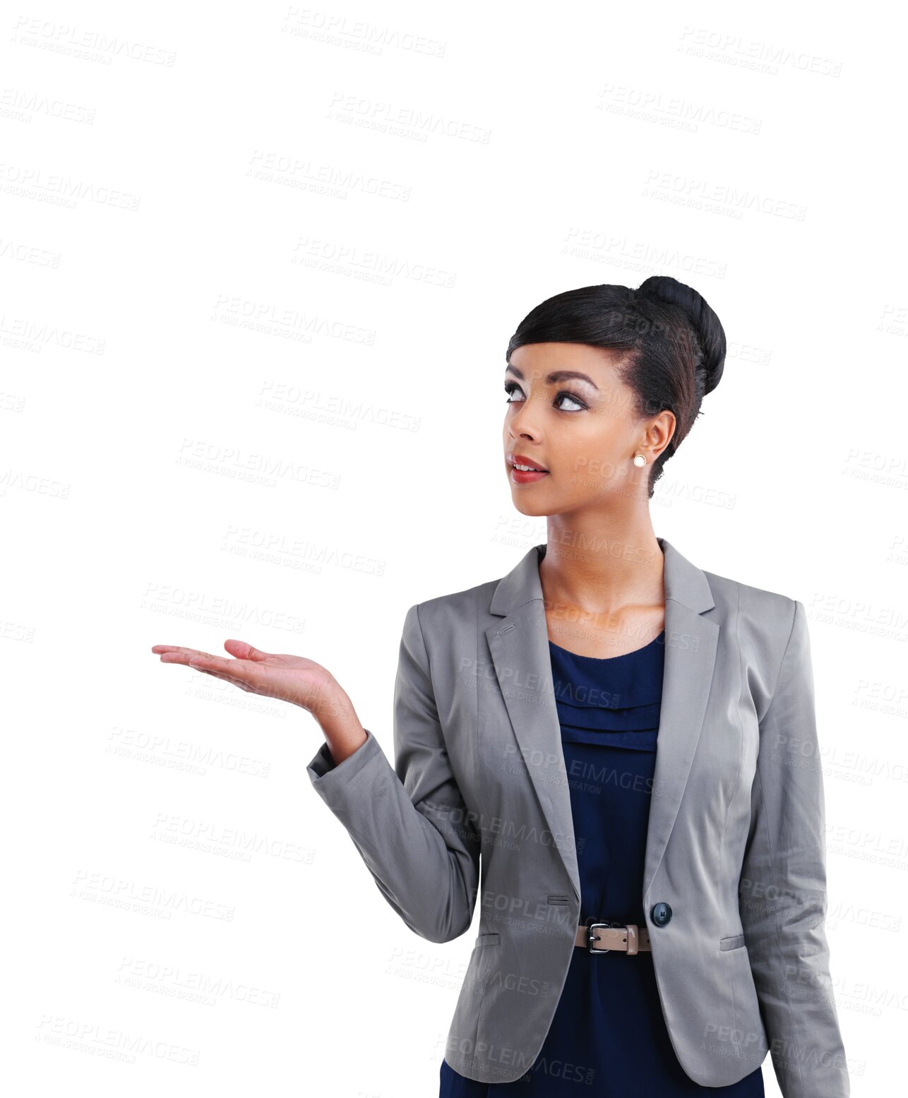 Buy stock photo Hand, palm and business woman advertising space isolated on a transparent, png background. Professional african person show corporate announcement, presentation or product information for promotion