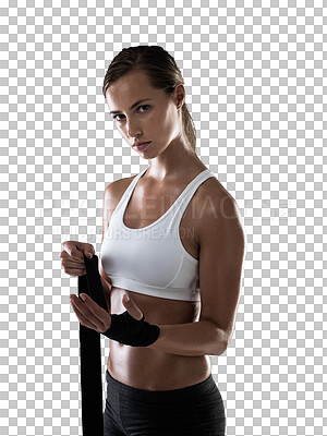 Buy stock photo Serious, boxing and a portrait of a woman for fitness, cardio exercise and strength training. Health, focus and a young kickboxing athlete for sports isolated on a transparent png background