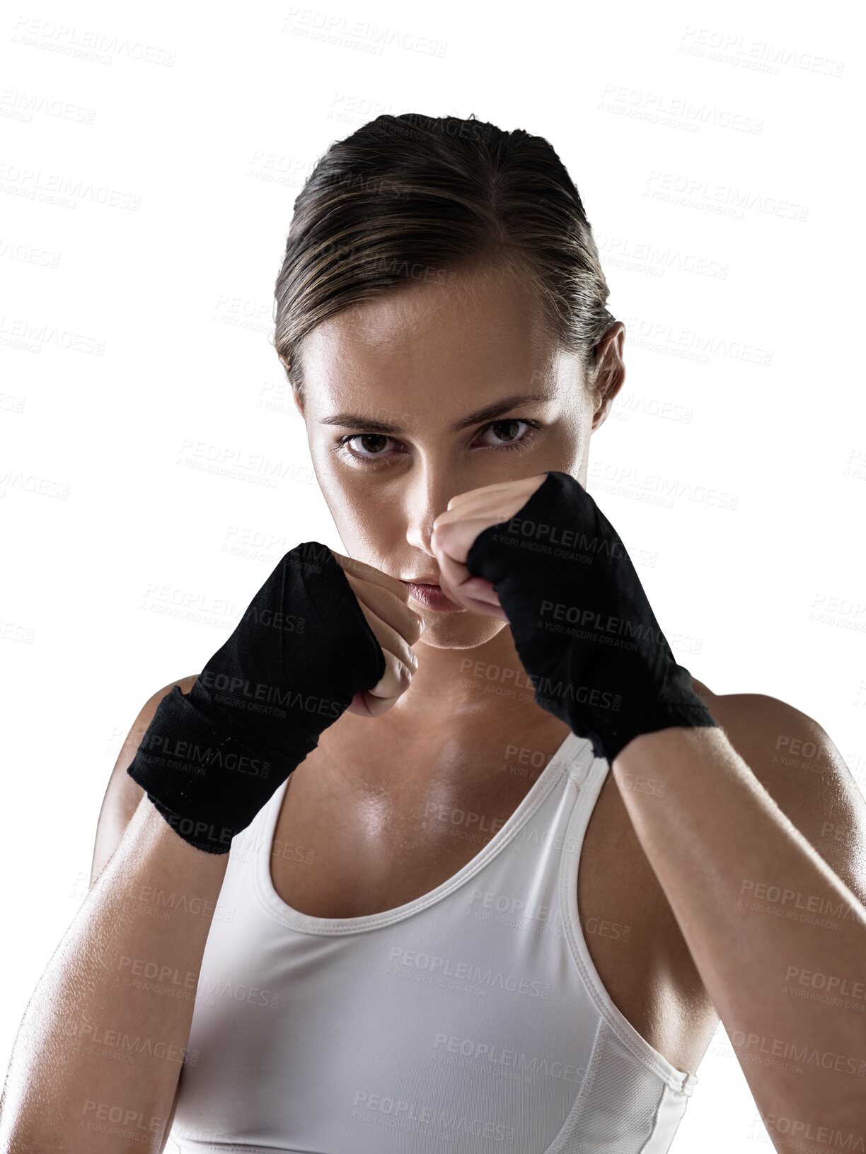 Buy stock photo Woman, hands and boxing with sport and fitness in portrait, martial arts and training isolated on transparent png background. Strong female boxer, athlete and start fight with self defense and MMA