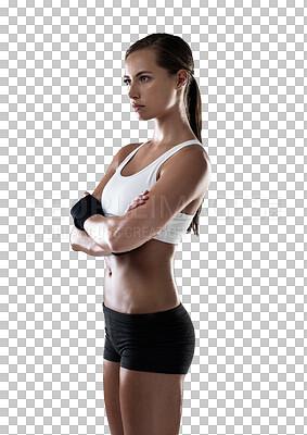 Buy stock photo Confident, woman and athlete with arms crossed for fitness, exercise or sports training on transparent, isolated or png background. Girl, serious and face with focus for workout, gym or competition