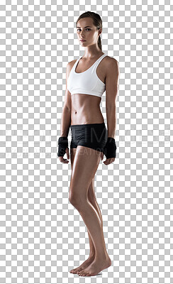 Buy stock photo Serious woman, boxer and portrait of martial arts fighter standing ready isolated on a transparent PNG background. Fit, active and sport female person posing with fighting gloves for training workout