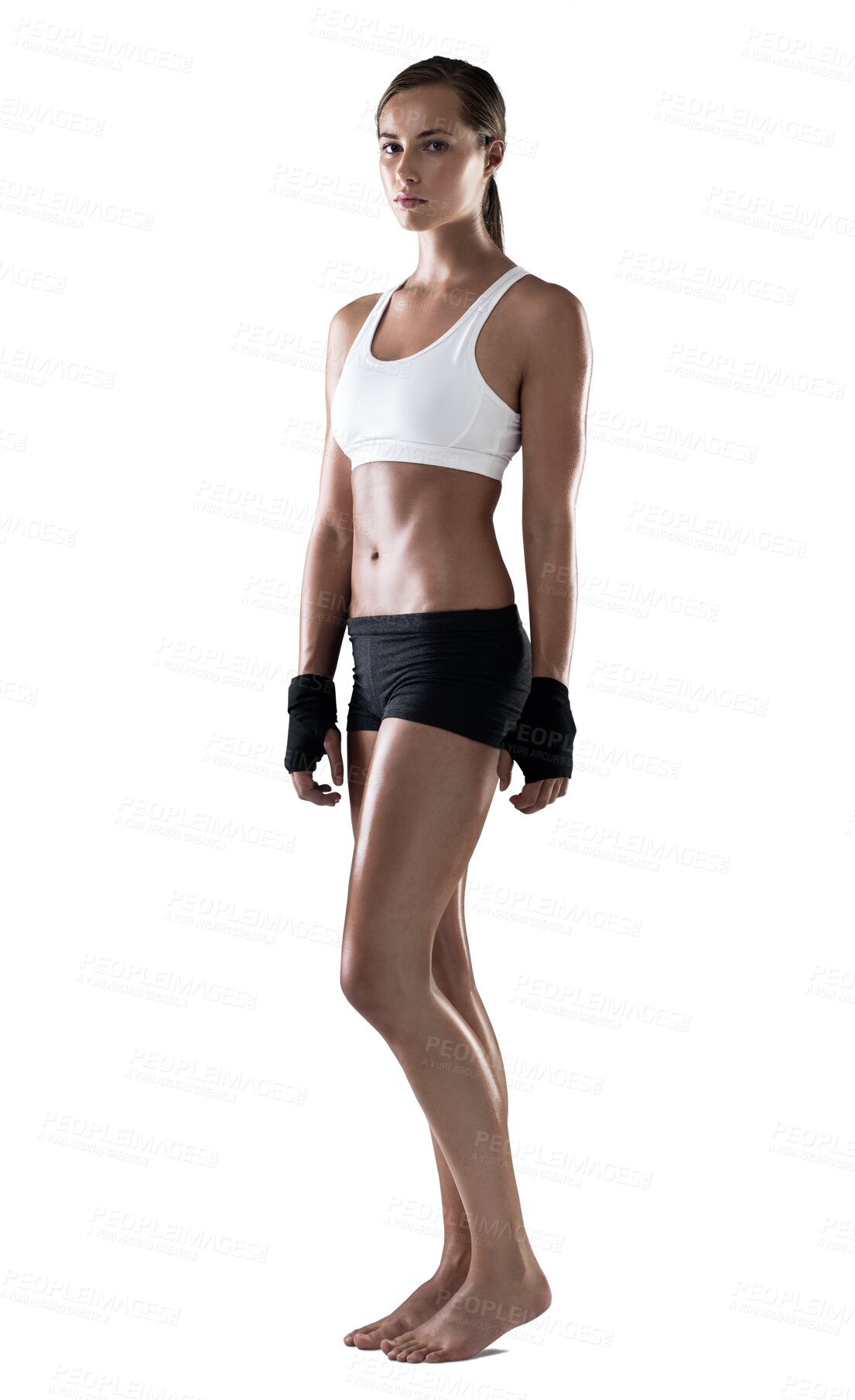 Buy stock photo Serious woman, boxer and portrait of martial arts fighter standing ready isolated on a transparent PNG background. Fit, active and sport female person posing with fighting gloves for training workout